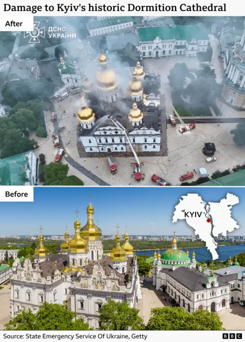 Russian Strikes Kill 11 and Ignite Historic Cathedral in Kyiv