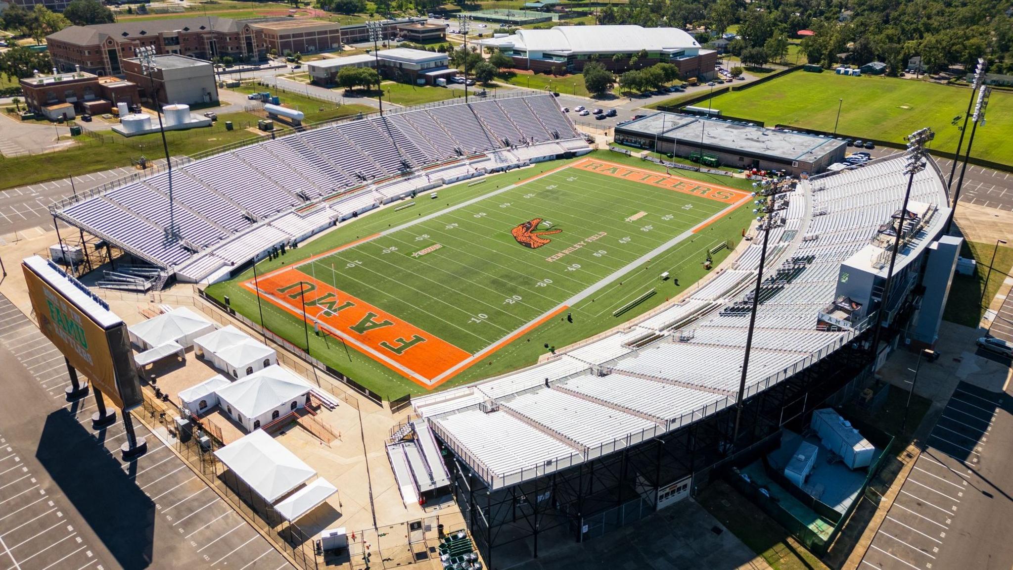 A birds‑eye view of an American football stadium