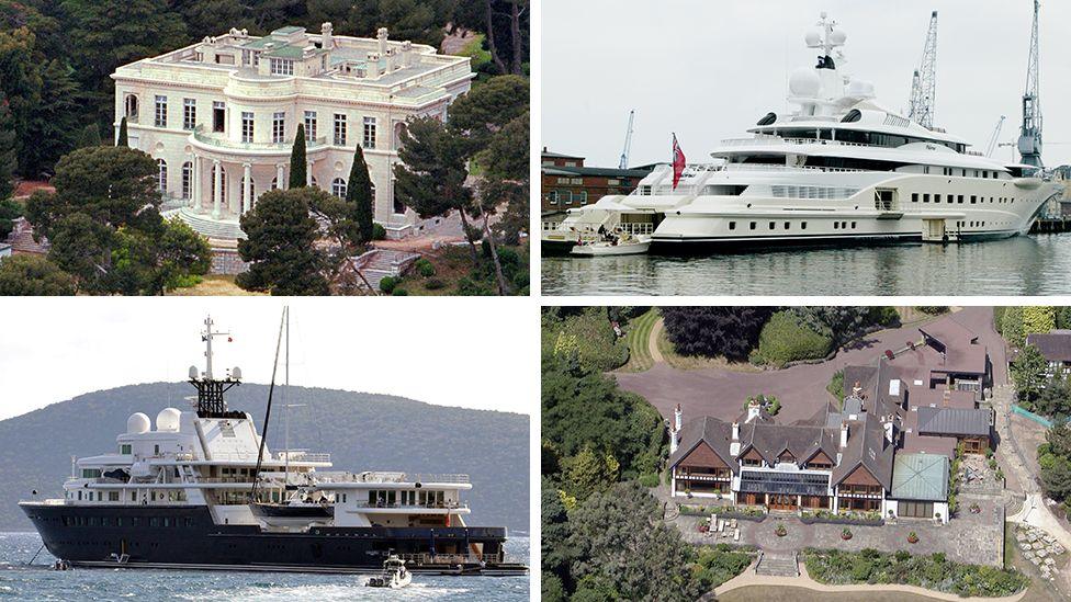 Composite image of Abramovich's offshore assets: a French château, UK mansion, super‑yachts